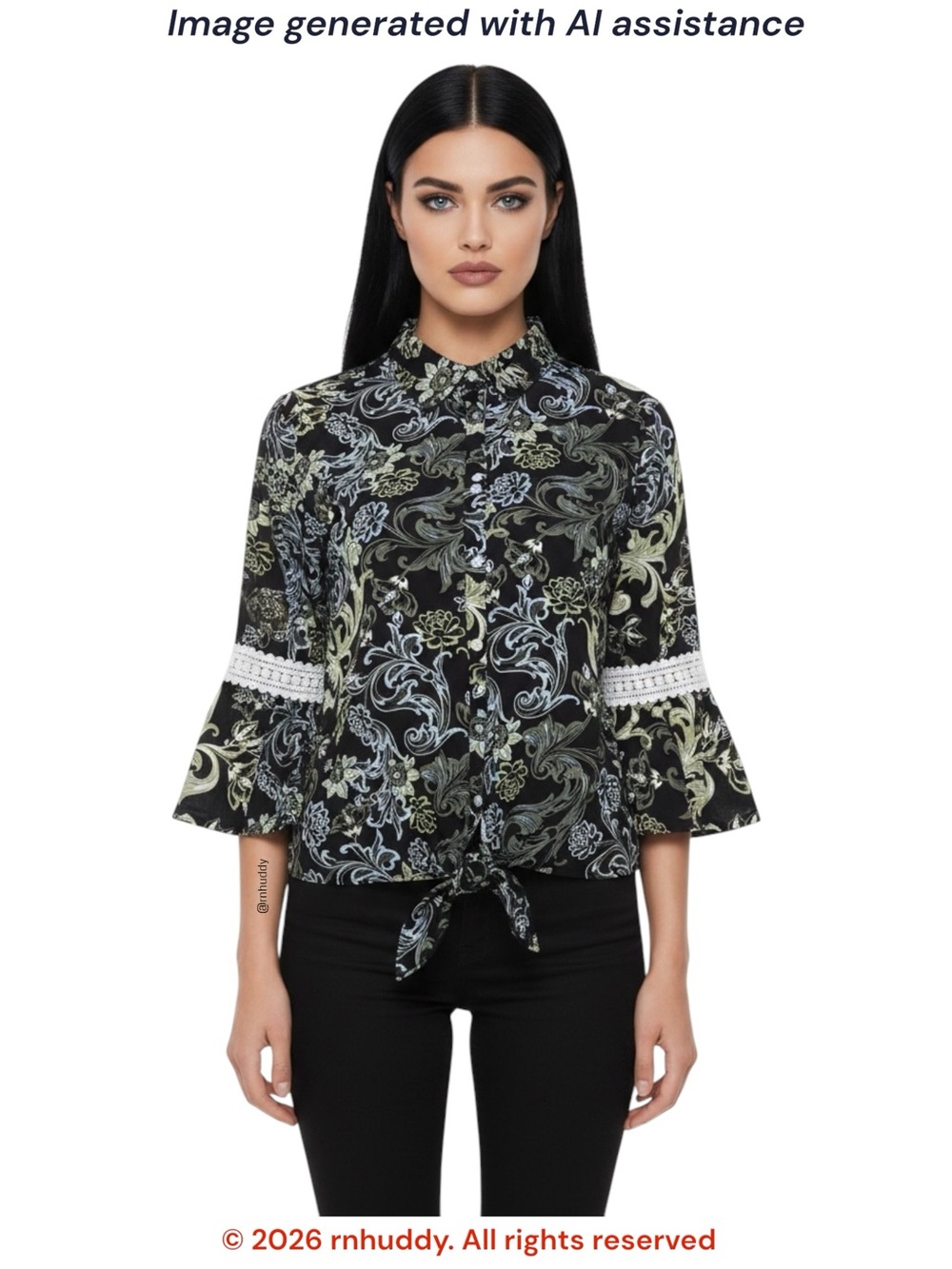 Westbound XL 3/4 bell sleeve button up tie-front blouse